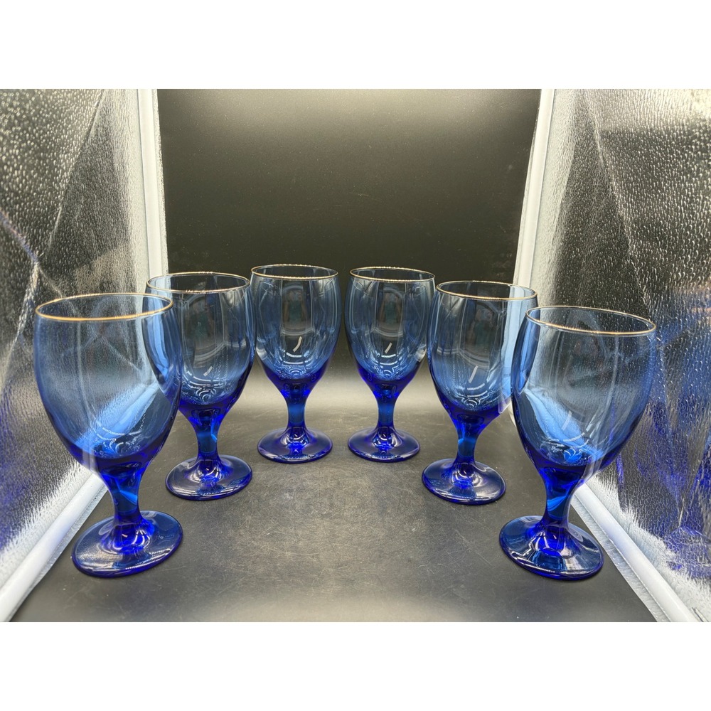 Vintage Cobalt Blue Gold Rim Stemmed Water Goblets Wine Glasses Set of 6
